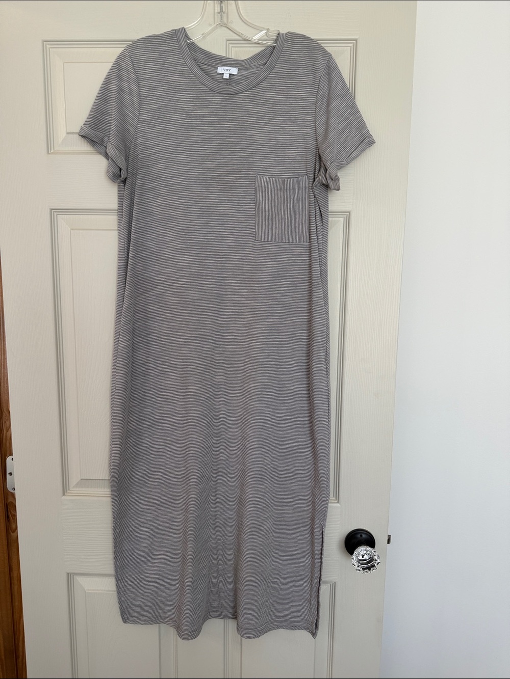 Casual Stripe Midi Dress with Pocket - Gray